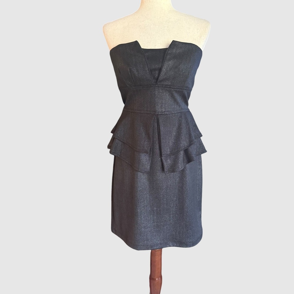 Windsor Black Silver Herringbone Peplum Strapless Cocktail Dress Y2K VTG 4 6 8